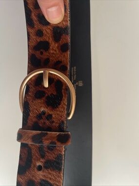 CAbi Leopard Print Leather Belt with Round Gold Buckle
